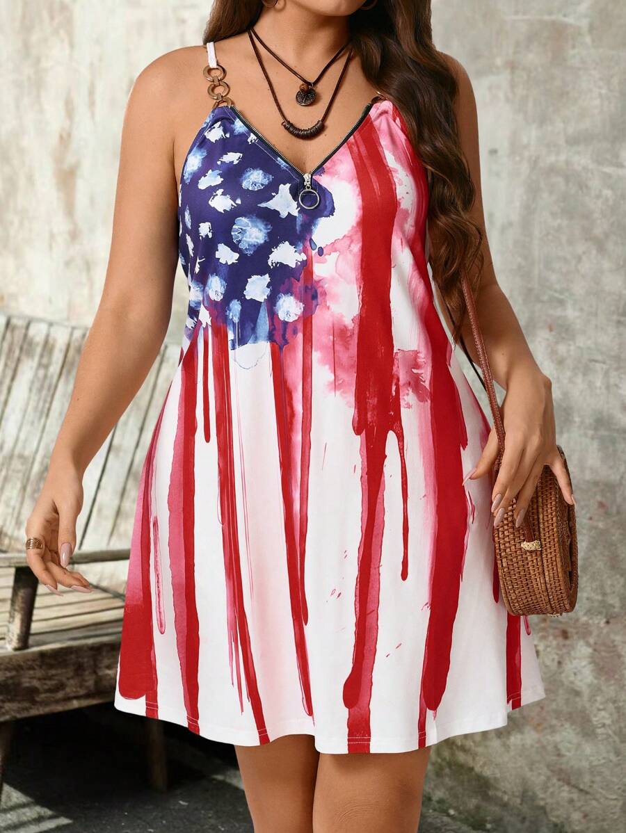 SHEIN LUNE Vestido casual de línea A para mujer con escote en V, decoración de cremallera y aro metálico, estampado de color contrastante - Multicolor - Ver 1