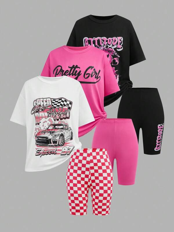 SHEIN Streecool Kids 6pcs Set Teen Girls Casual Street Style Bear & Racecar Graphic T-Shirt + Shorts 2 Pieces Outfit, School, Campus, College