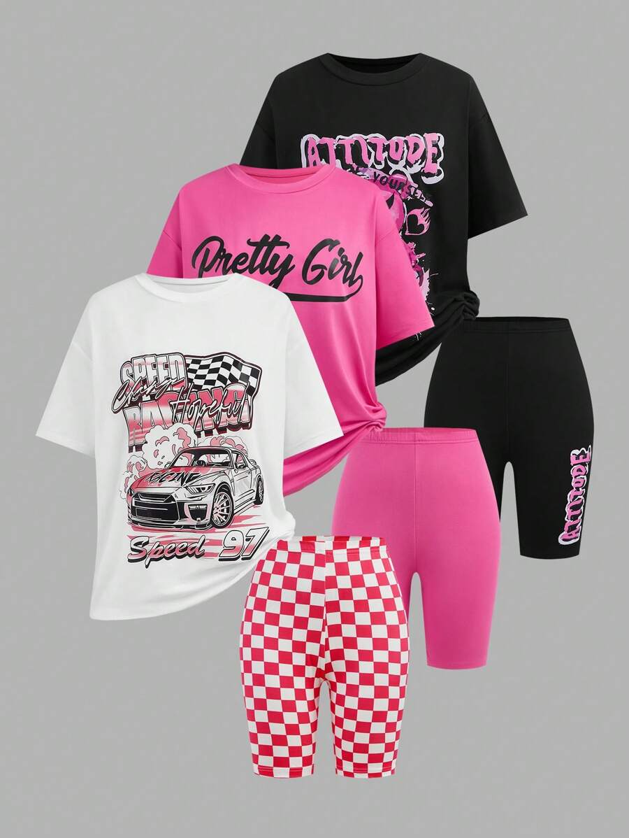 SHEIN Explorewe 6 件套青少年女孩休闲街头风格熊和赛车图案 T 恤 + 短裤 2 件套服装 - 彩色 - 查看 1