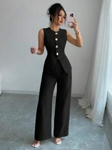 Rafferiza Petite Women's French Elegant Metal Flower Button Casual 2 Pieces Set Women Clothing Formal Women Clothing Formal ,Petite Women - Black - View 4