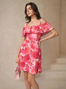 SHEIN Clasi Women's Ruffle Floral Print Ruffle Hem A-Line Dress