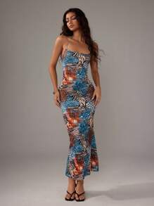 TRNVIE Women Leopard Print Halter Neck Bodycon Fish Tail Dress Maxi Women Outfit - Blue - View 6