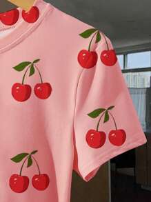 樱桃印花休闲圆领短袖T恤，夏季 - 粉色 - 查看 5