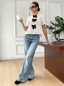 Serisse Camisa de manga corta con lazo y diseño de color contrastante para mujeres