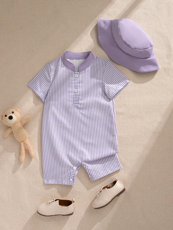 Souflis Souflis Vintage French Gentleman Style Infant Toddler Boys Striped Print Half-Open Romper With Short Sleeves, Short Legs + Bucket Hat, Perfect For Banquet Party