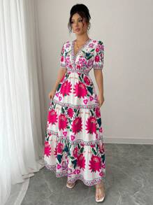 Elenzga 女士花卉印花V领泡泡袖短款连衣裙，节日装 - 彩色 - 查看 3