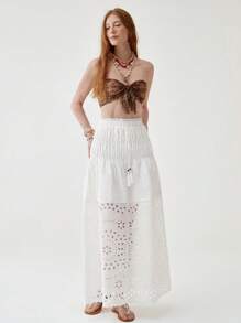 Florisole Damen Boho Quasten gebundener Cut Out floraler Volant Saum A-Linie Maxirock, Apricot, Frühling/Sommer - Weiss - Übersicht 4