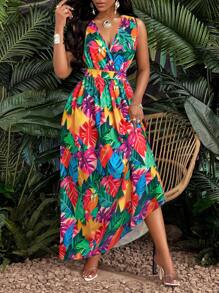 SOLERSUN 热带印花 V 领腰部麻花针织修身喇叭裙长款女装 - 彩色 - 查看 6