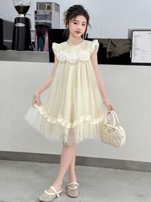 青少年女孩夏季透明花卉金箔连衣裙 - 杏色 - 查看 3