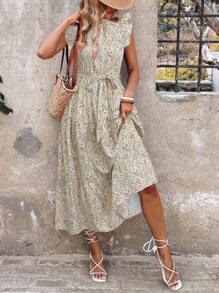 SHEIN LUNE Casual Women Ditsy Floral Cap Sleeve Midi Dress - White - View 5