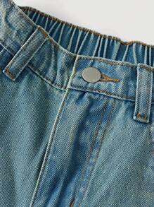 Girlism Bộ áo phông họa tiết bướm denim Y2K cho bé gái tuổi teen và quần jeans ống rộng màu xanh - Rửa nhẹ - Xem 3