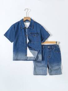 Tween Bos Denim Two Pieces Outfits Set - Medium Wash - View 4