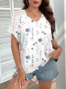 Rusticease Plus Size Women V-Neck Floral Print Casual Versatile Daily Wear T-Shirt - Multicolor - View 2