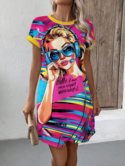 Women's Graffiti Girl Figure Printed Mid-Long Casual Dress, Street Style, Summer