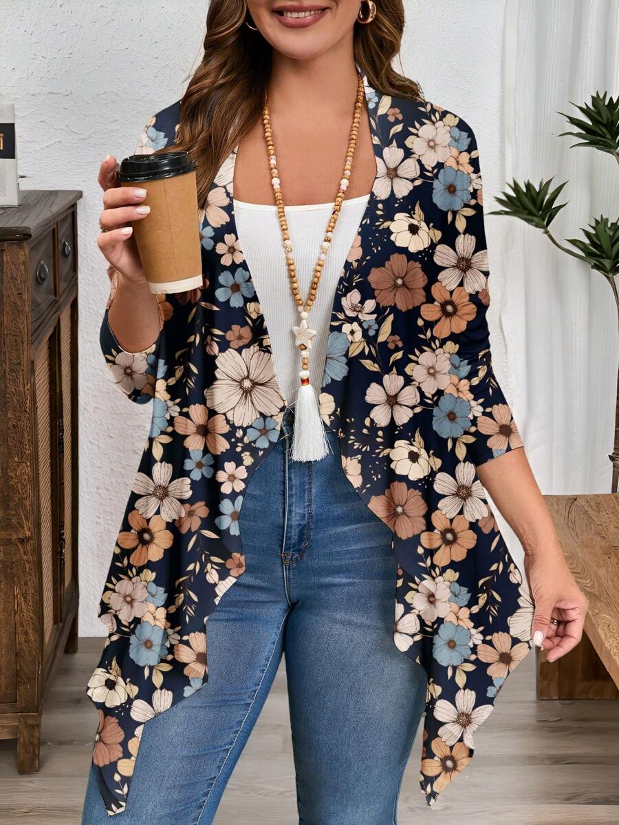 SHEIN CURVE+ Chaqueta de manga larga con estampado floral diminuto en color caqui para mujer talla grande, adecuada para primavera/otoño, curvas plus, atuendos bohemios de vacaciones de verano/campo/playa, ropa de playa - Multicolor - Ver 1