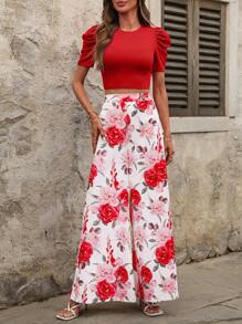 Ellevyn 2 Stücke Damen Set aus Pullover mit Blume Muster, Rundhalskragen und Puffärmeln sowie weiten Hosen, romantisch und elegant für den täglichen Gebrauch - Rot - Übersicht 3