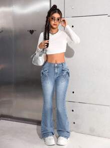 SHEIN Teen Girl Retro Blue Denim Flared Jeans With Butterfly Pocket Design - Light Wash - View 5