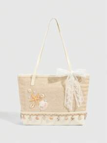 ROMWE Fairycore 1 件度假主题贝壳、珊瑚、珍珠装饰女士手提包，大容量花卉草编沙滩包，适合春夏季 - 彩色 - 查看 3