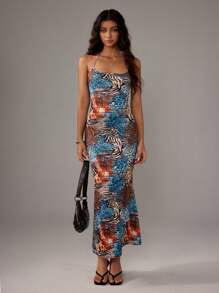 TRNVIE Women Leopard Print Halter Neck Bodycon Fish Tail Dress Maxi Women Outfit - Blue - View 5