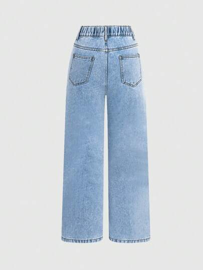 SHEIN Casuvi Kids 青少女休閒寬腿水洗磨損牛仔褲