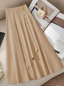 SHEIN Unity Women's Minimalist Solid Color Front Button Asymmetric Hem Skirt - Khaki - View 1