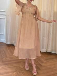 DAZY Đầm maxi dài tay cổ bèo phối màu thanh lịch bằng chiffon dành cho nữ. - Màu Khaki - Xem 6