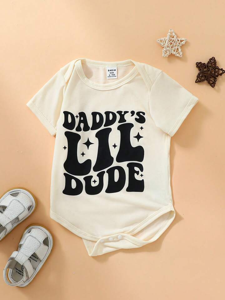 SHEIN Baby Boy Apricot Color Bodysuit, Fun Father's Day Print, Easy On & Off Envelope Collar Daily Wear