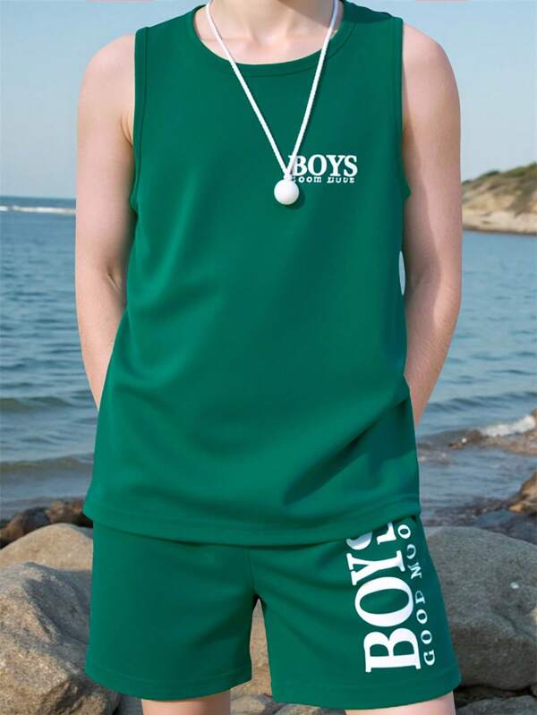 SHEIN Tween Boy Round Neck Sleeveless Casual Sports Tank Top Paired With Letter Printed Sports Shorts, Versatile Daily Wear