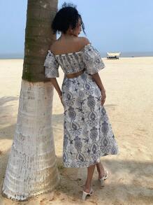 DAZY Vestido longo feminino com estampa floral e ombros à mostra, ideal para praia e cruzeiro. Estilo boho. - Azul - Ver 5
