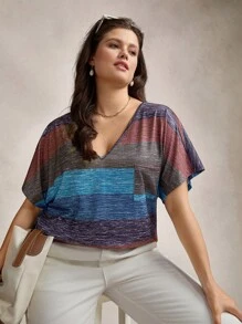 SHEIN LUNE 大码T恤女士夏季服装夏季上衣条纹女士夏季服装图案T恤女士外出上衣女士度假服装女士商务休闲装 - 彩色 - 查看 7