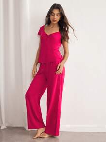 Lazeform Conjunto de pijama informal de top de manga corta con cuello en V y botones y pantalones de estar por casa de mujer en unicolor de punto