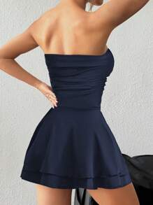 Flirla Petite 豹纹性感无袖迷你连衣裙，搭配多层裙摆 - 藏蓝色 - 查看 2