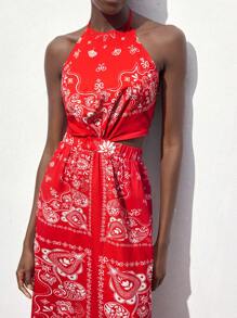 Maija 2025 Sommer neue Ankunft Damen Spaghettiträger rückenfreies Kleid mit Bindung in der Taille, locker fließendes Cutout Design, schmeichelhaft & schlank, geeignet für Urlaub, Alltag, Strand, Pendeln, Ausgehen, bedrucktes Kleid - Rot - Übersicht 7