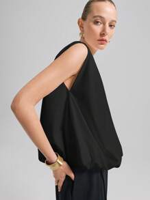 Ontre 2026春夏女式衬衫，圆领纯黑色无袖上衣，带口袋设计，优雅商务休闲风，适合情人节、节日、婚礼宾客等场合，复古高贵百搭。 - 黑色 - 查看 7