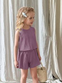 SHEIN LMoss Kids 2pcs Young Girl Woven Solid Color Round Neck Sleeveless Top And Shorts Set