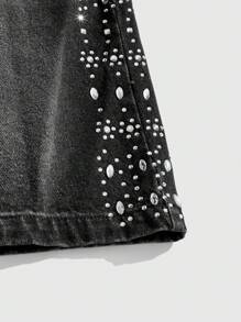 ROMWE MEN Street Life Pantalones cortos vaqueros holgados de hombre con apliques de rhinestones