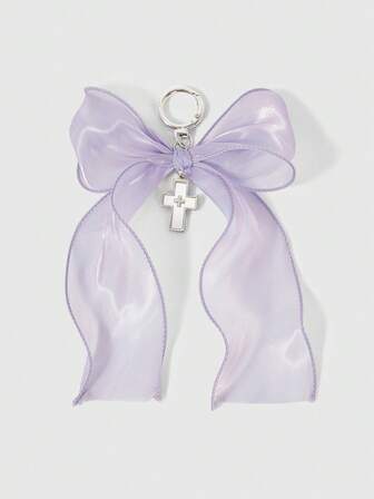 Kawaii 1pc Cute Lilac Bow Organza Bow Pearl Cross Key Chain For Bag Charm