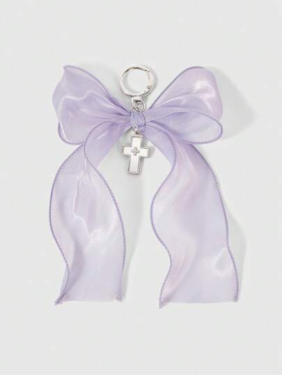 Kawaii 1pc Cute Lilac Bow Organza Bow Pearl Cross Key Chain For Bag Charm