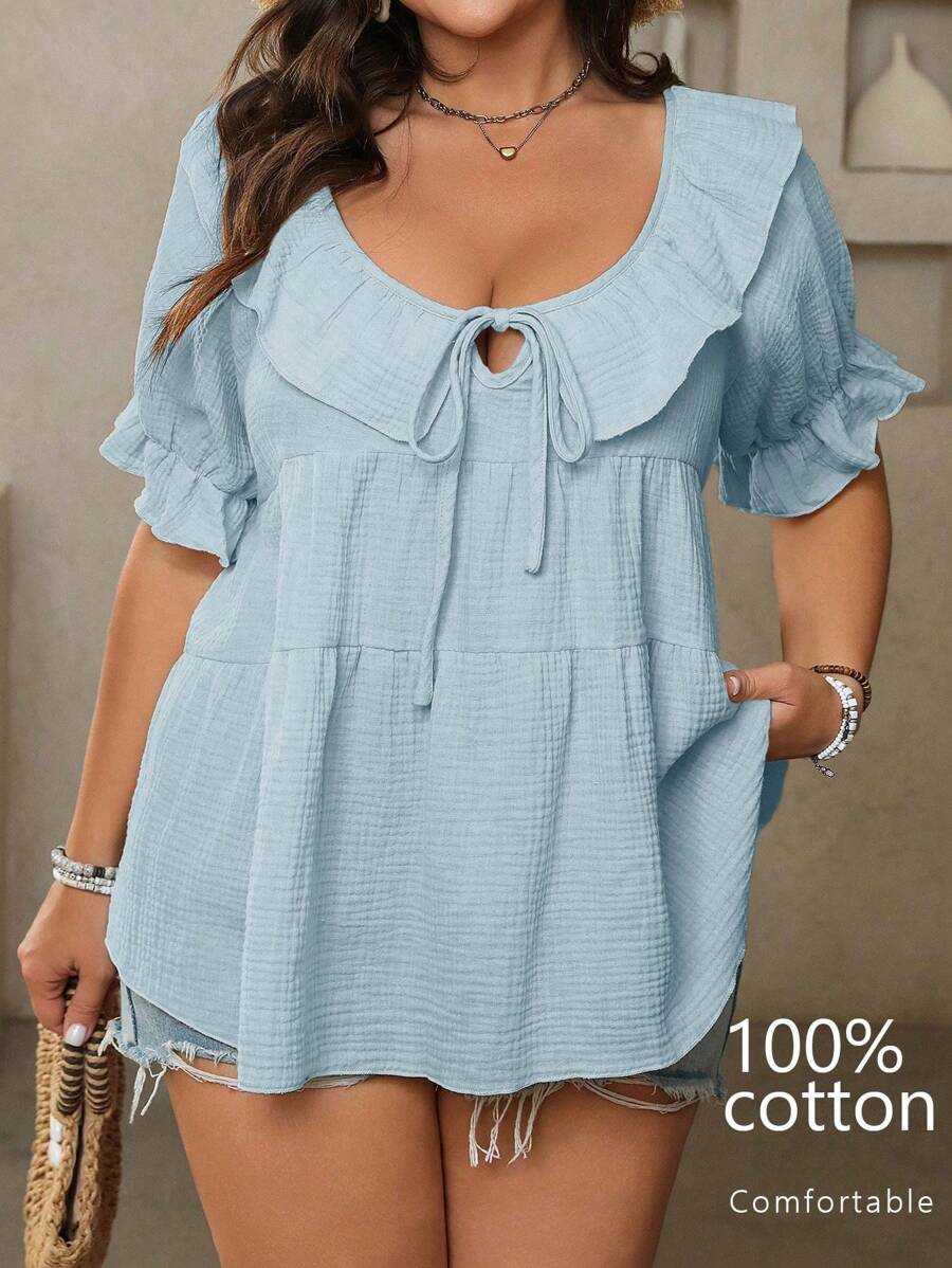 SHEIN LUNE 大码女式棉杏色荷叶边领口系带短袖纯色衬衫，春夏