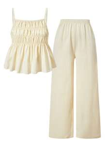 SHEIN Wildeya Tween Girl Casual Beach Sweet Cute Textured Cami Top & Wide-Leg Pants 2 Pieces Island Outfit, Vacation Clothes, Suitable For Daily Commute, Holiday, Sisters Street Shooting, Spring/Summer