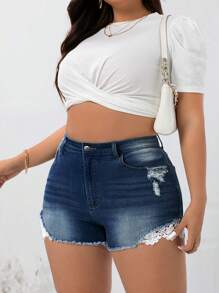 SHEIN Tall CURVE Plus Size Denim Shorts, Fashionable For Summer - Blue - View 6