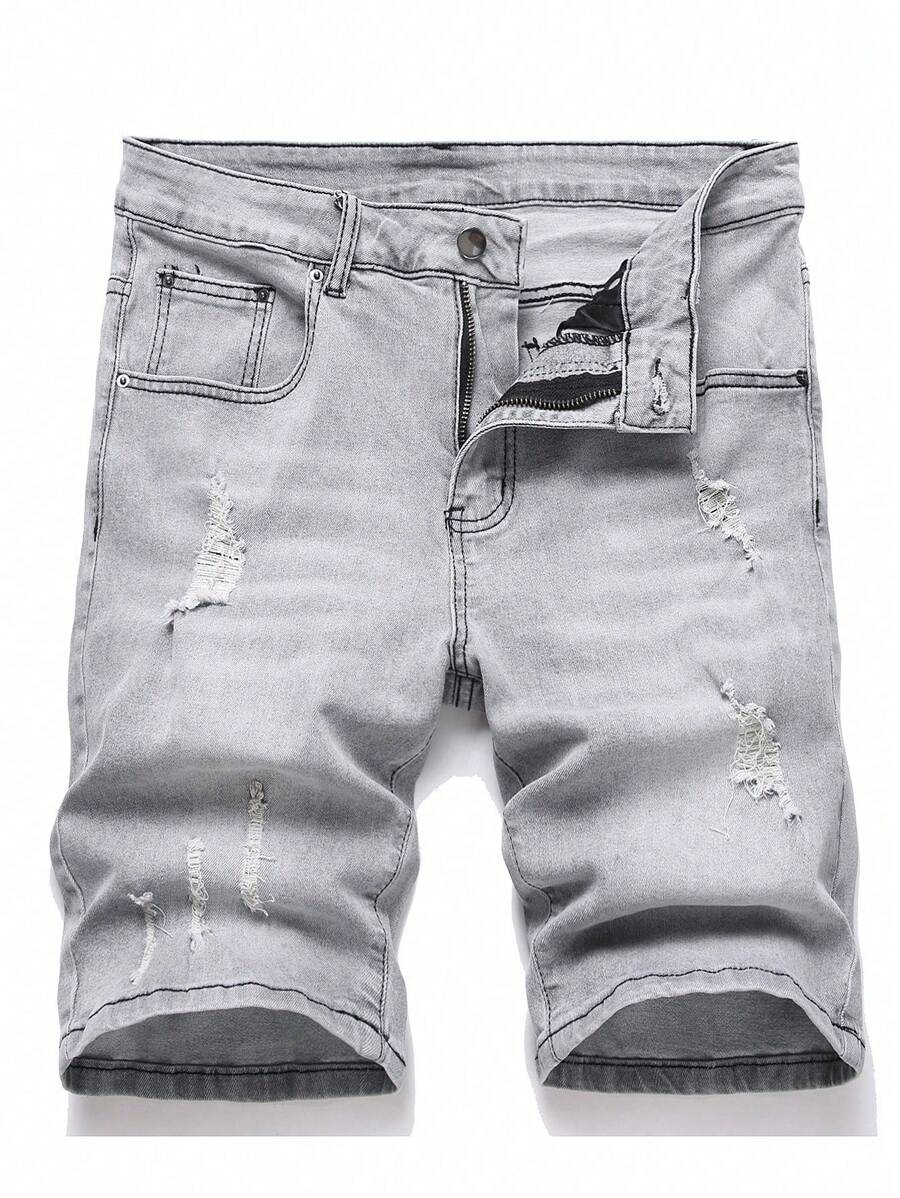 Manfinity Homme Quần short denim bó sát giặt thường ngày cỡ lớn cho nam - Màu Xám nhạt - Xem 1
