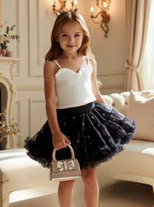 SHEIN 2 pièces set : Top court texturé et jupe tutu, style élégant jeune fille - Blanc - Voir 3