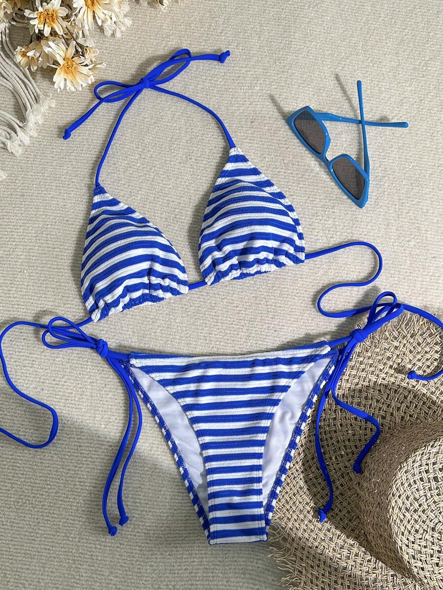 Swim Vcay Women's Vacation Beachside Striped Swimsuit Set For Summer - Blue and White - View 1