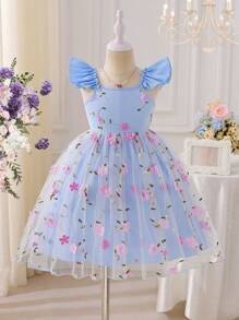 SHEIN Glamorique Kids Rochie de petrecere prințesă cu ochiuri de plasă brodate cu mâneci cu volane cu bretele spaghete elegante pentru fete, potrivită pentru sărbători, petreceri, zile de naștere, vacanțe, vară
