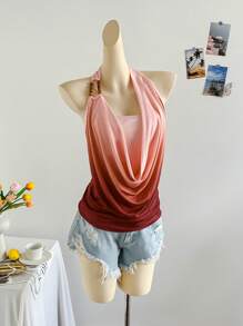 Soleia Women Pink And Red Gradient Mesh Print Halter Wood Bead Decor Backless Cami, & Fashionable Summer Casual Vacation Holiday Party Fitted Cami Top - Multicolor - View 3