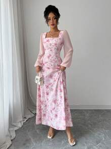 Modelyn 女式印花方领长袖优雅夏季中长连衣裙 - 粉色 - 查看 6