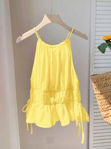 Comfortcana 夏季休闲黄色褶饰露背上衣