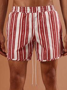SUMWON Sommer Urlaub Strand Shorts gestreifte Badeshorts Lässig Resort Pool Tragen Knie Länge Kordelzug Badeshorts Elastischer Bund Boardshorts - Rot - Übersicht 7