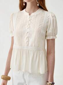 Florisole 女式夏季休闲波西米亚花卉刺绣蕾丝拼布宽松圆领短袖杏色衬衫